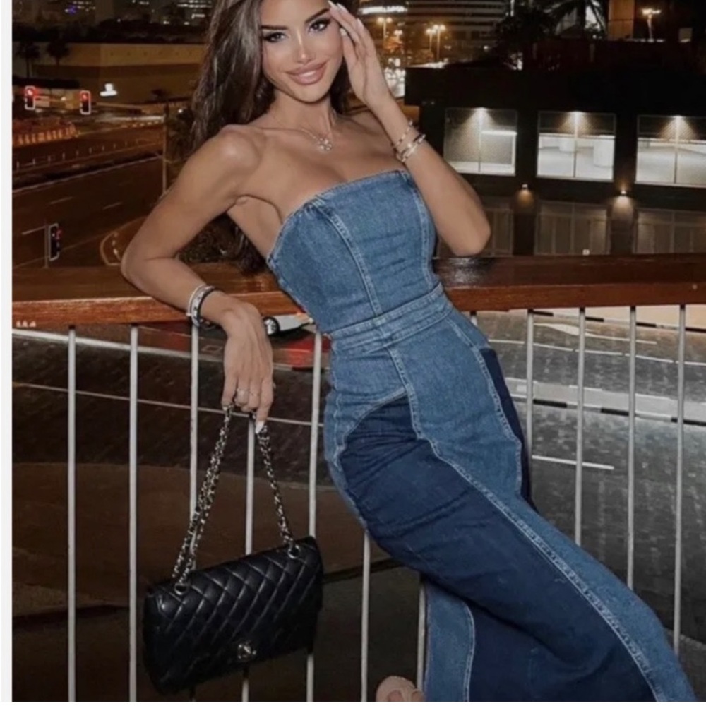 SOLD - Zara Denim denim patchwork maxi dress with zipper